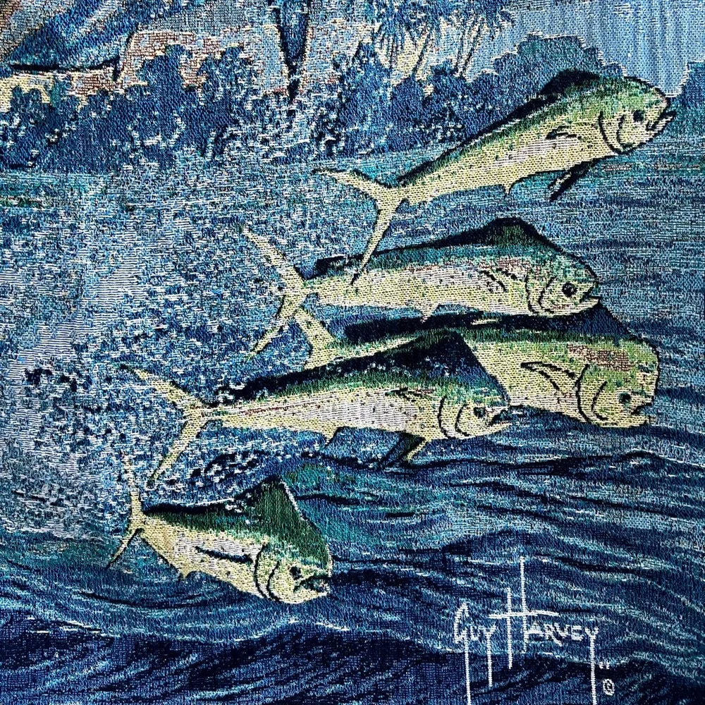 Vintage Guy Harvey Marlin Afghan Tapestry Fringed 48x68 Throw Blanket Rare VTG - Picture 3 of 6